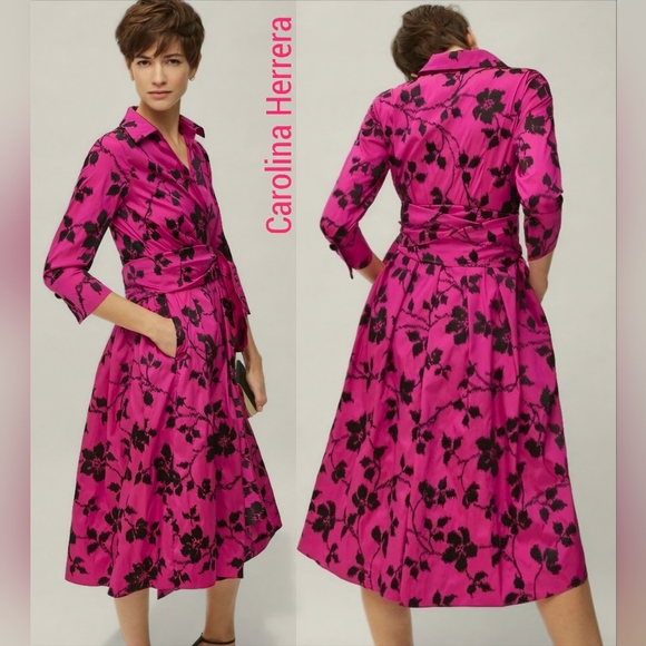 Carolina Herrera CH Fuchsia Embroidered Taffeta Wrap Dress Size 2
